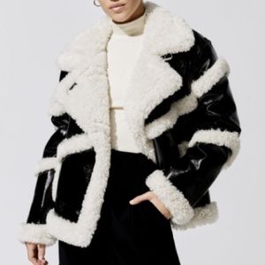 NWT STAND STUDIO Melendy Jacket, Faux Sherling Shiny, Black/Off White Sz 40